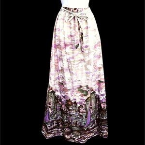 Lanz Originals 1980s Scenic Maxi Skirt Seine River 26"W Pastel Novelty Print